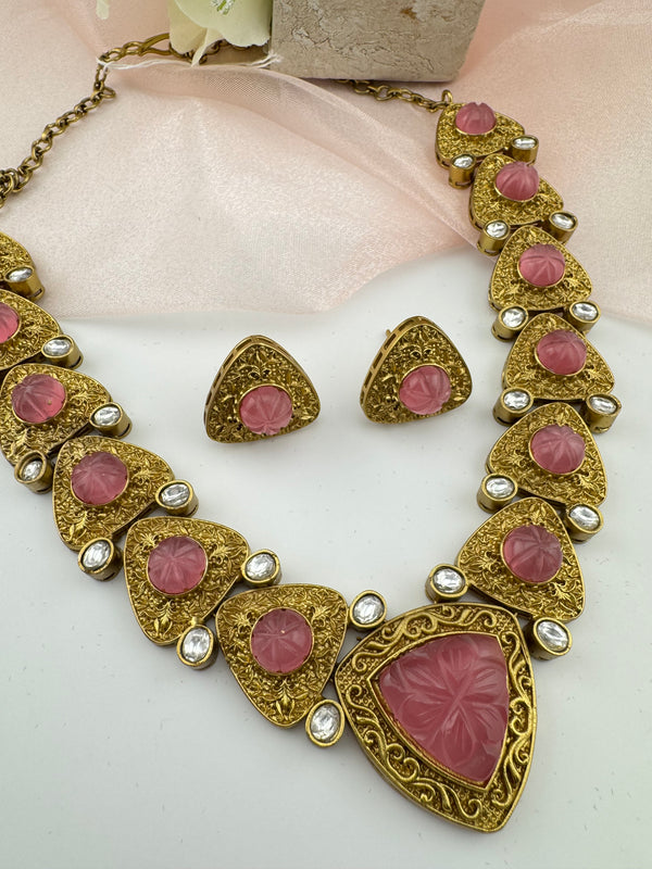 Kundan, Carved Stone, Gold plated necklace set, Indian Bridal Jewelry set