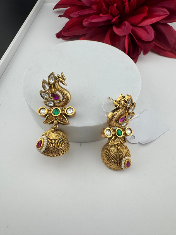 Amrapali inspired Matt Gold, kundan, Turquoise Enamel, Jhumka Earrings, designer jewelry