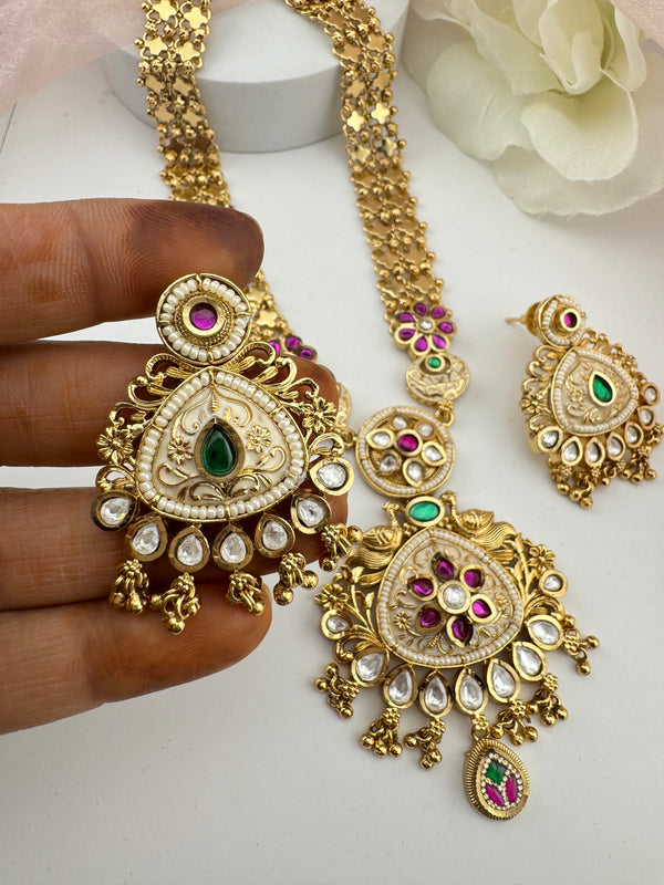 Rajwadi Kundan Enamel Pearl Gold Necklace Set, Indian Bridal Rani Haar