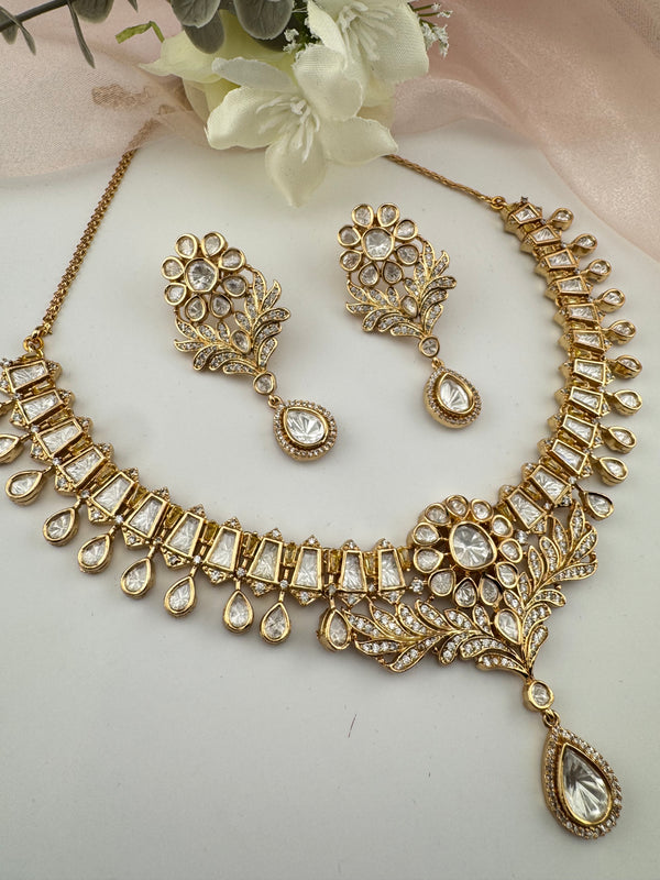 Moissanite Kundan Gold necklace set, Indian Bridal Jewelry set