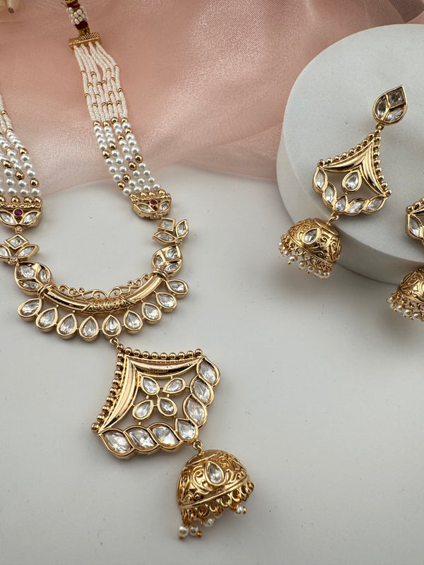 Kundan, Moissanite, Pearls Long Gold Choker necklace set, Indian Rani haar