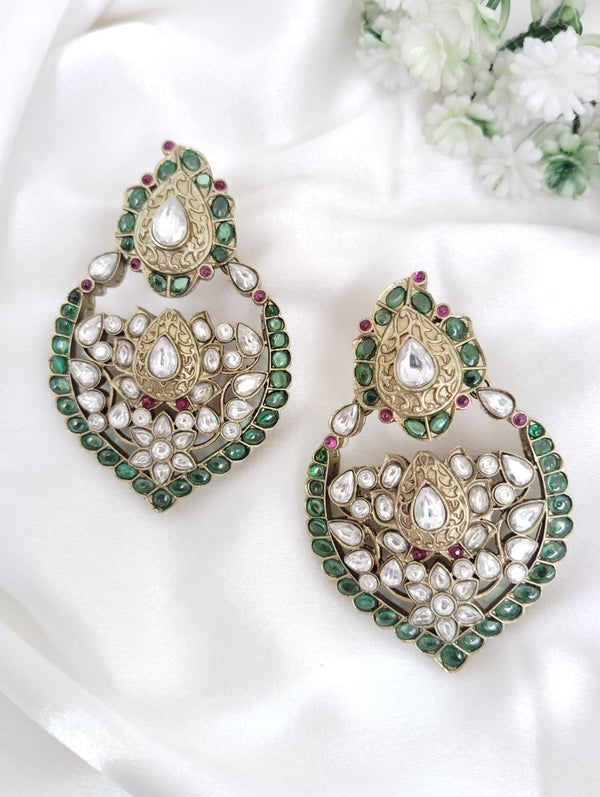 Amrapali inspired, Matt Gold with uncut kundan and CZ chandbali earrings