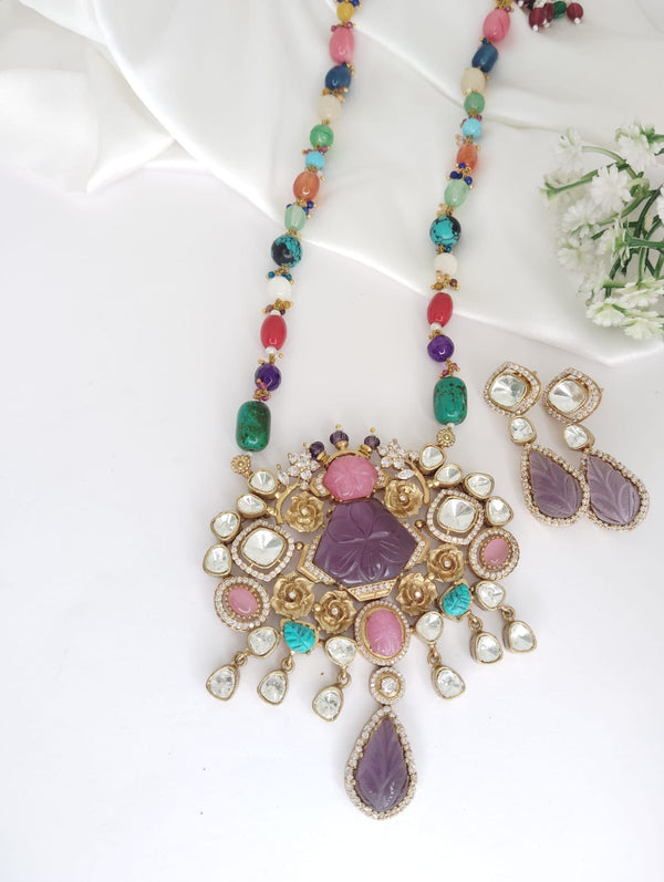 Multicolor Navratan, Kundan, Gold long necklace set, Rani Haar, Indian Bridal Jewelry