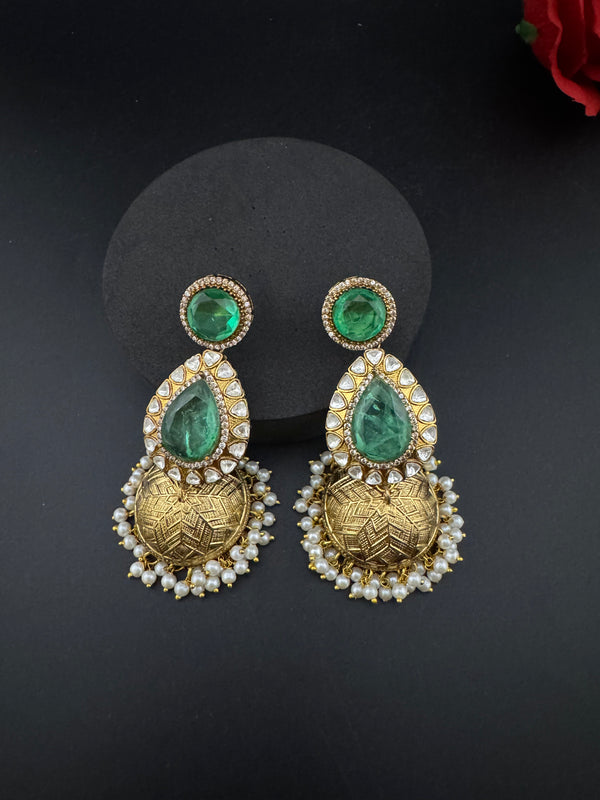 Amrapali Inspired Kundan, Doublet Stone, Pearls Long Jhumka Earrings, Matt Gold Designer Jewelry