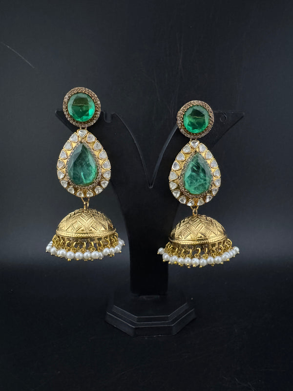 Amrapali Inspired Kundan, Doublet Stone, Pearls Long Jhumka Earrings, Matt Gold Designer Jewelry