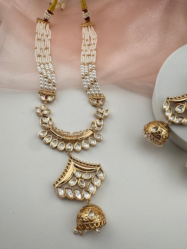 Kundan, Moissanite, Pearls Long Gold Choker necklace set, Indian Rani haar