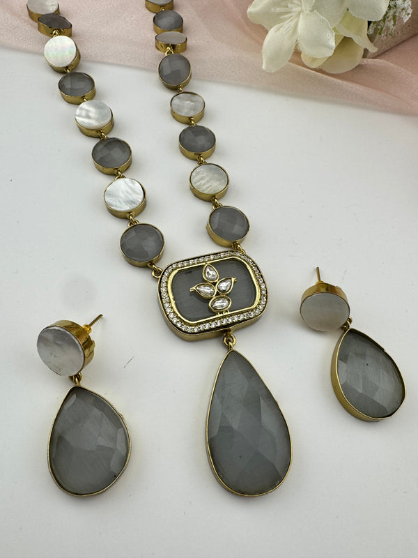 Kundan, CZ, MOP, Stone inlay Long Golden necklace set, Rani haar, everyday wear jewelry