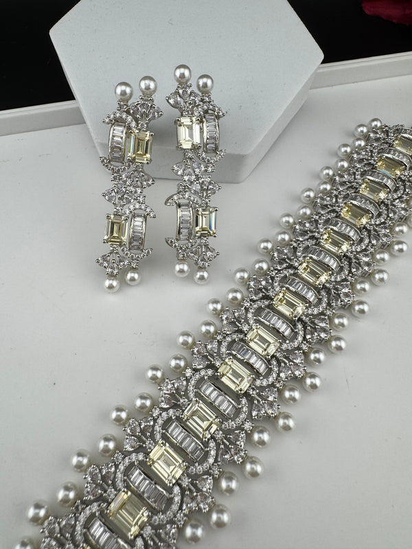 Step cut Crystals and CZ Diamond Statement Necklace Set, White Gold Plated Choker set