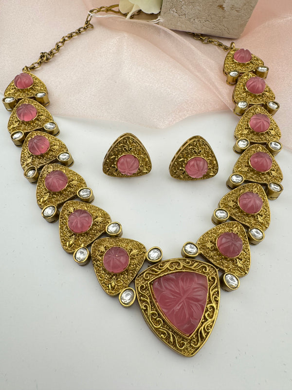 Kundan, Carved Stone, Gold plated necklace set, Indian Bridal Jewelry set