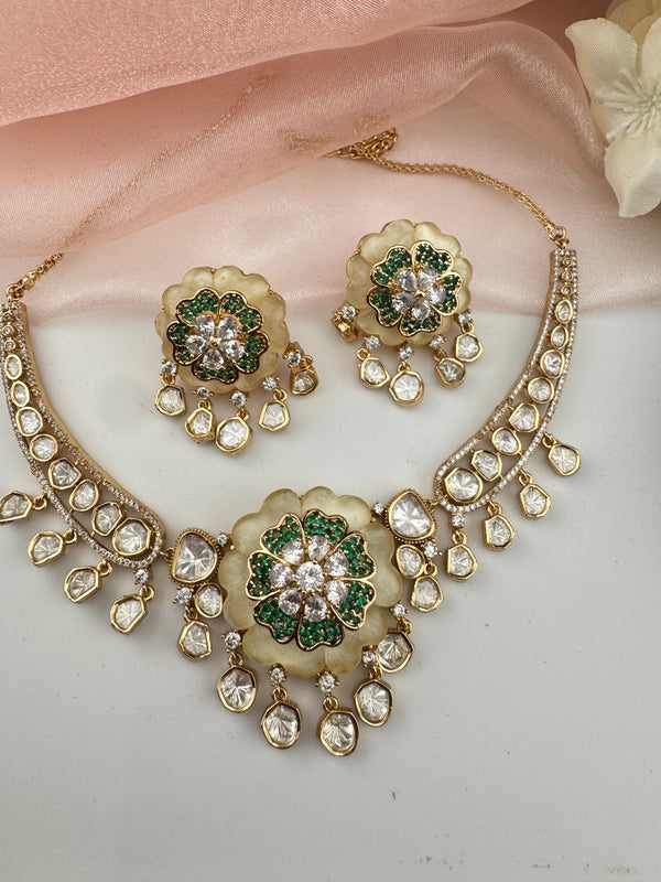 Kundan, Moissanite, MOP, CZ Flexible Gold necklace set, Indian Bridal Jewelry