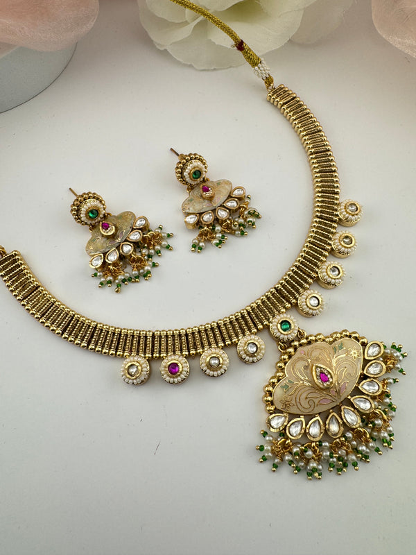 Rajwadi kundan, Enamel, stones, pearls Gold necklace set, Indian Bridal Jewelry set