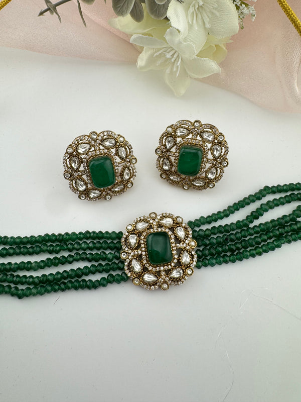 Moissanite Kundan, Hydro beads, CZ, Stones Choker necklace set, Indian Bridal Jewelry, chic set