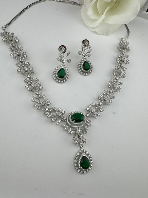Crystal, Nano Setting CZ Diamond Statement Necklace Set, White Gold Plated Choker, nature inspired