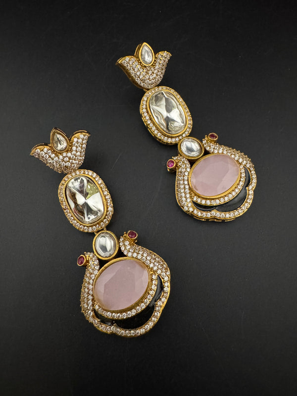 Kundan, CZ, Gold, Doublet Stone Chandelier Long Earrings, Bridal, Moissanite, CZ, Designer jewelry