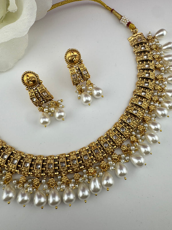 Rajwadi kundan Pearls Gold necklace set with earrings, Indian Bridal Jewelry set