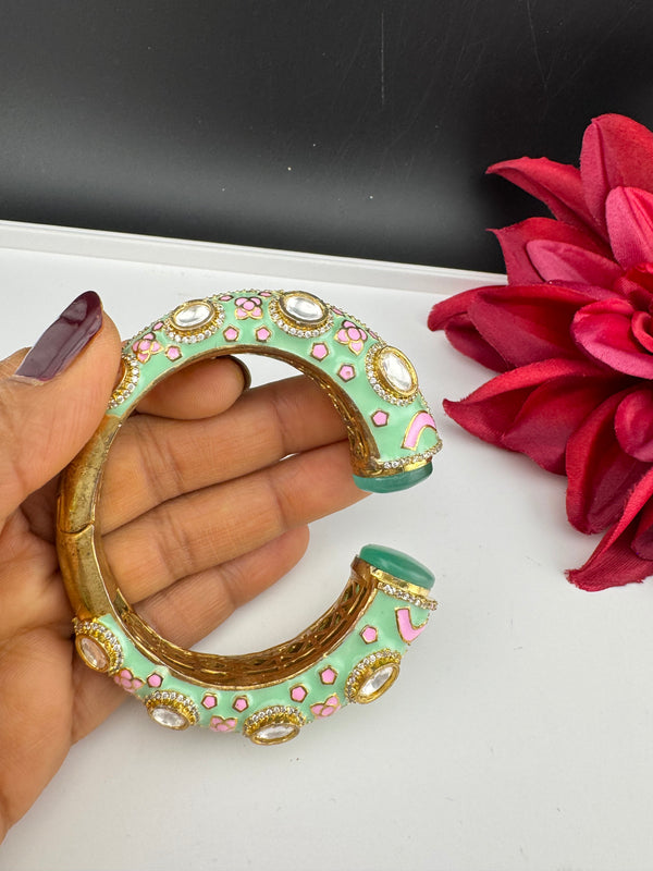 Moissanite Kundan, Enamel, CZ Adjustable Bracelet Bangle Kada, Gold Polish Designer Bangle