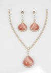 Stone and CZ Diamond Pendant Necklace Set, White Gold Plated set