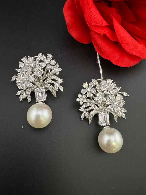 Cubic Zirconia, Diamond, pearls, Step cut crystal Dangle Drop earrings, Indian Jewelry