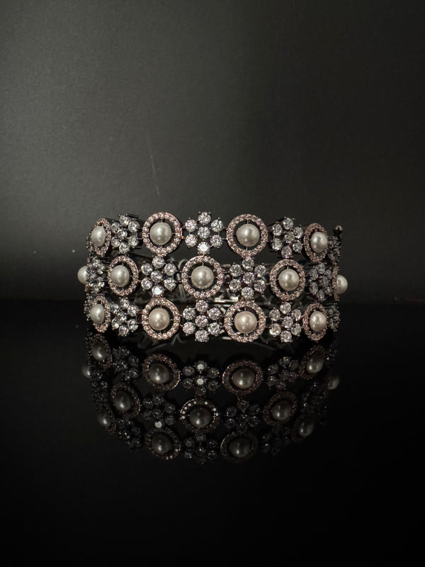 Openable Designer bracelet with Pearls, crystal stones, CZ Nano setting, Fits size upto 2.6"