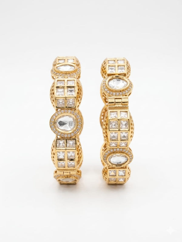 Moissanite Kundan, CZ, Openable Bracelet Bangle set of 2, Gold Polish