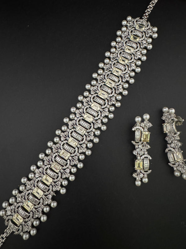 Step cut Crystals and CZ Diamond Statement Necklace Set, White Gold Plated Choker set