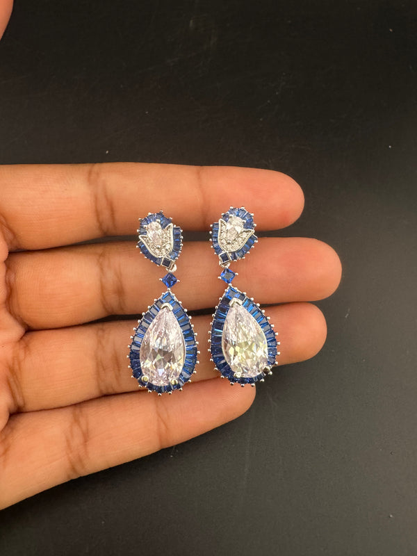 Swarovski inspired Cubic Zirconia, Diamond, channel setting Crystal stone, Silver Polish inspired Dangle Drop earrings, Indian Jewelry