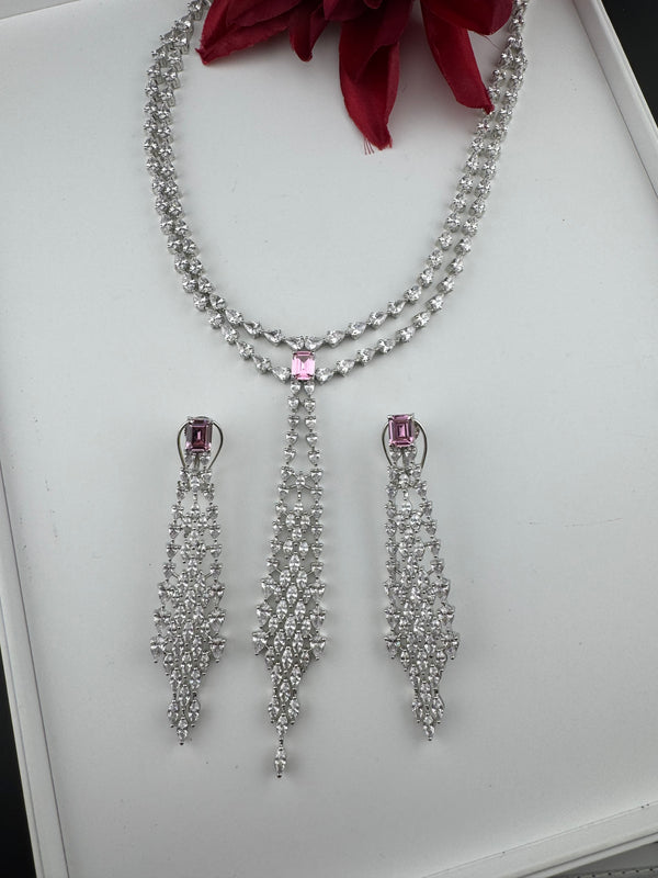 Crystals and CZ Diamond Statement double Layered Necklace Set, White Gold Plated Choker set