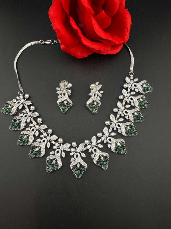 CZ Diamond Statement sleek Necklace Set, White Gold Plated Choker, 3D nature inspired