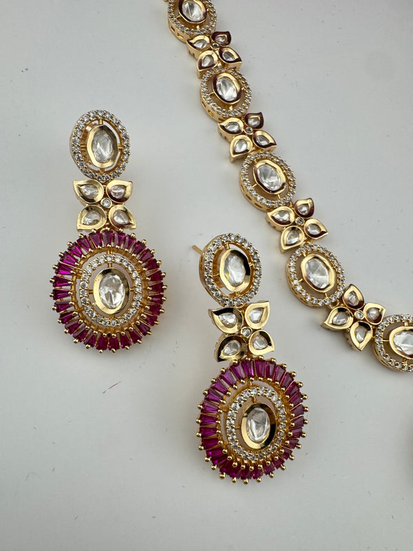 Cubic Zirconia, Kundan, Long Gold Necklace Set, Indian Bridal Rani Haar