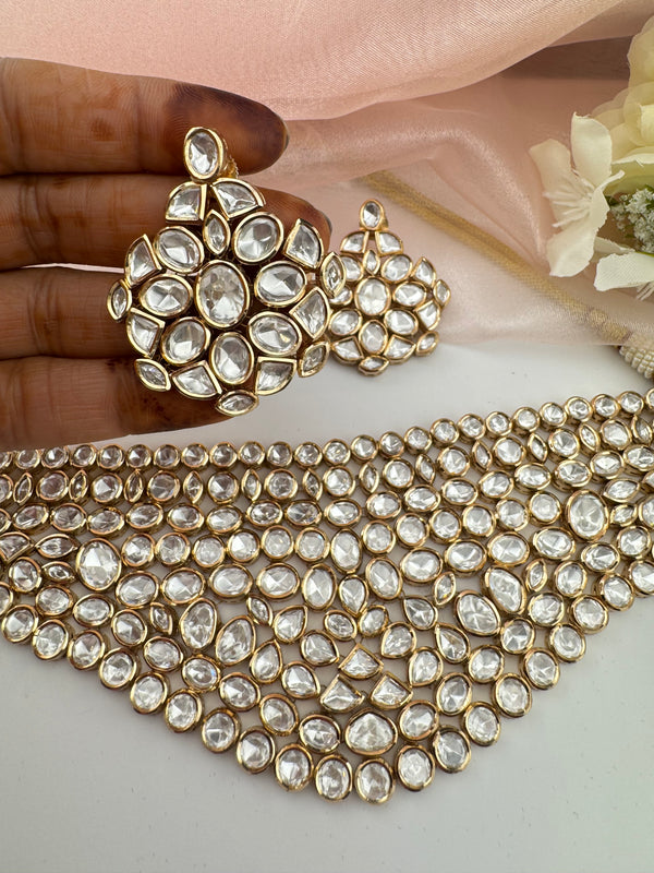 Kundan, Moissanite, CZFlexible Gold Bridal necklace set, Indian Bridal Jewelry