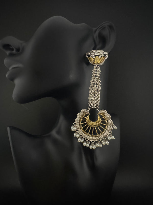 Oxidized Silver and Gold ChandBali Very long Earrings, designer jewelry