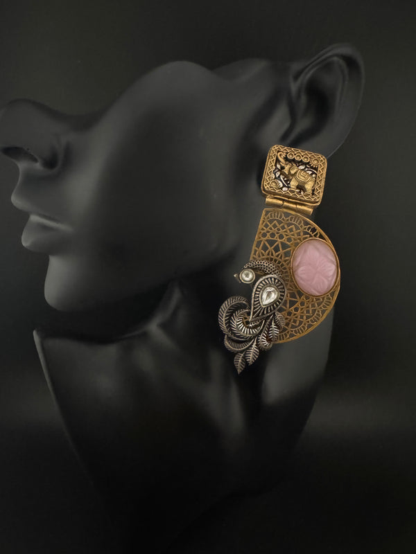 Antique Gold, Oxidized, Carved Stones Chandbali Dangle Earrings, Amrapali inspired Designer jewelry