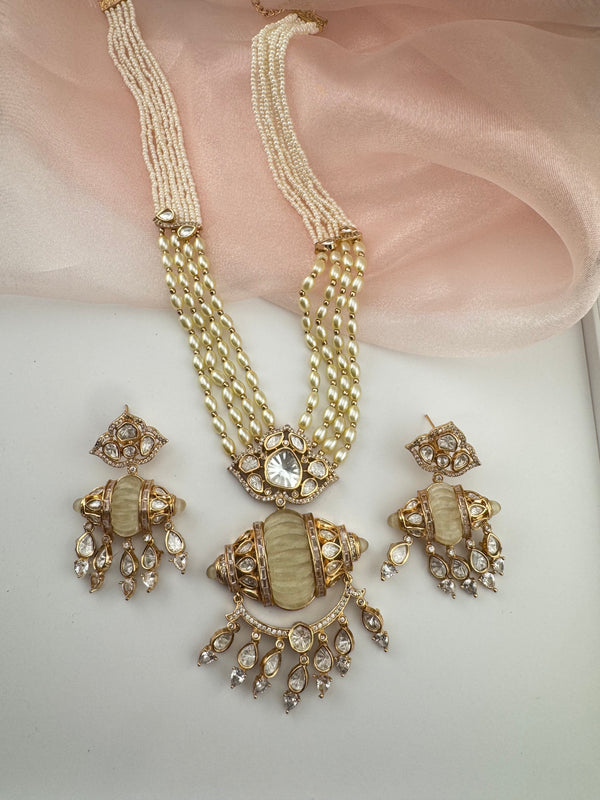 Kundan, Moissanite, MOP, CZ, Pearls Long Gold Choker necklace set, Indian Rani haar