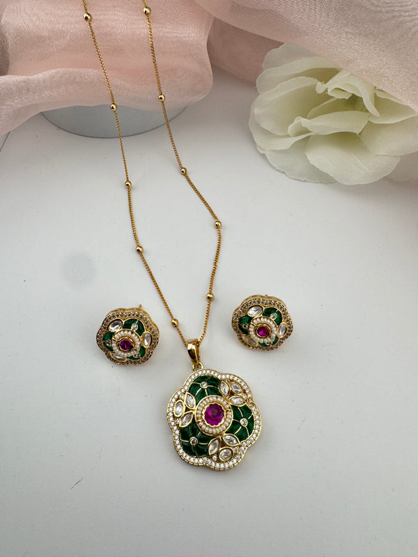 Kundan, Pachi, CZ, Stone Pendant Necklace Set with Matching Earrings, Brass CZ Jewelry