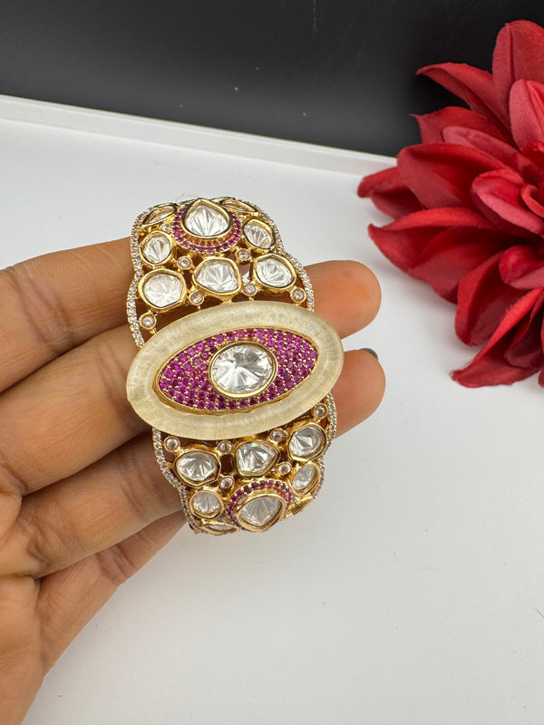 Moissanite Kundan, MOP, CZ Adjustable Bracelet Bangle, Gold Polish Designer Bangle