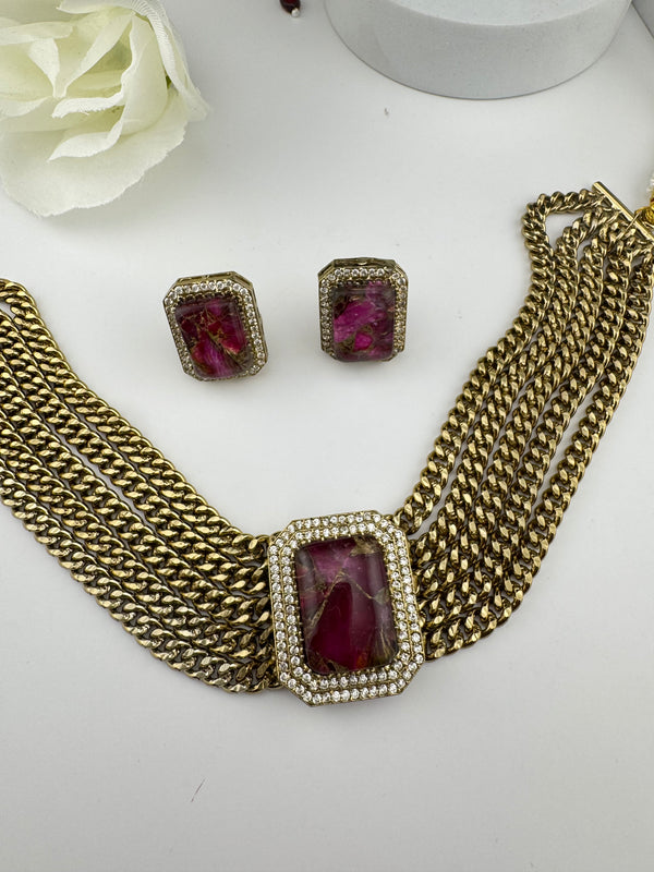 CZ, Mystic doublet stone, Antique gold tone Curb Link chain Choker necklace set with earrings