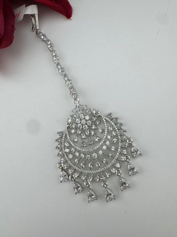Silver Cubic Zirconia/Diamond Tikka, Indian Maang Tikka, Headpiece, Bridal jewelry