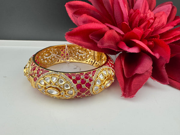 Pchhi Kundan, Moissanite Kundan, CZ Openable Broad Bracelet Bangle, Gold Polish (Fits 2.6" wrists) (Copy)