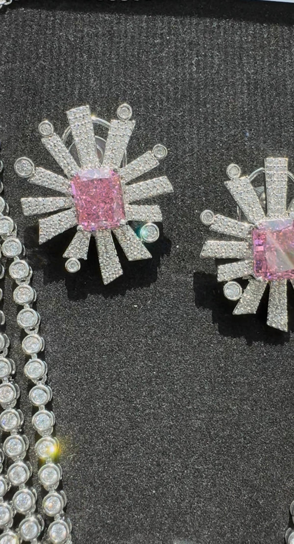 Swarovski Crystals and CZ Diamond star burst Necklace Set, White Gold Plated set