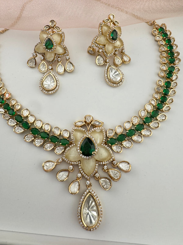 Kundan, Moissanite, MOP, CZ Flexible Gold necklace set, Indian Bridal Jewelry