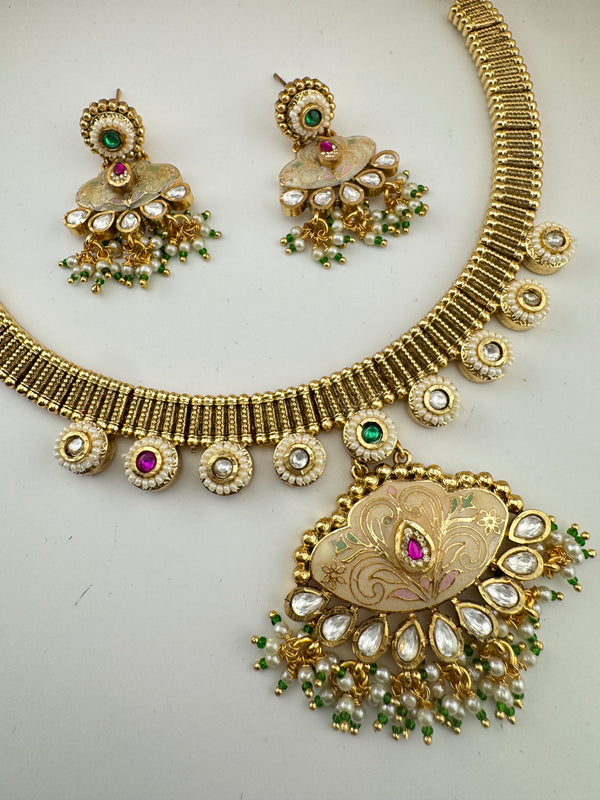 Rajwadi kundan, Enamel, stones, pearls Gold necklace set, Indian Bridal Jewelry set