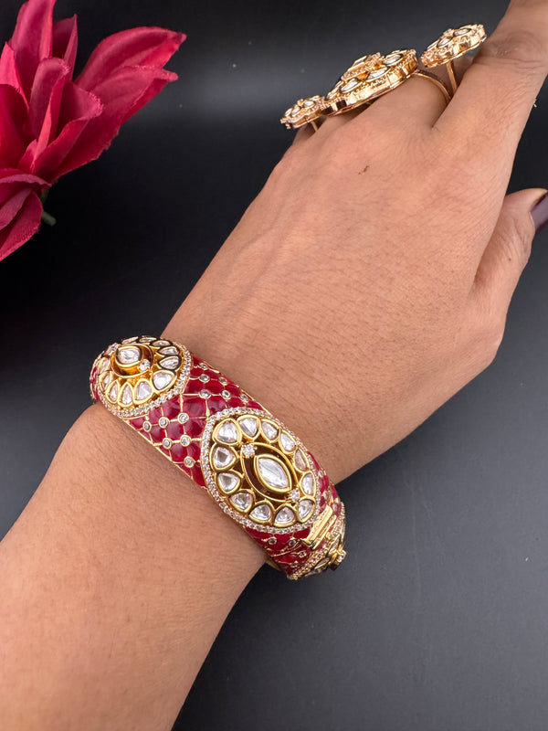 Pchhi Kundan, Moissanite Kundan, CZ Openable Broad Bracelet Bangle, Gold Polish (Fits 2.6" wrists) (Copy)