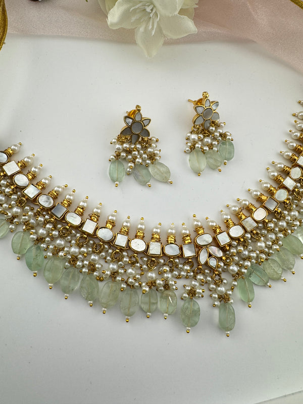 Doublet stone, Mother Of Pearls, pearls Flexible Gold necklace set, Indian Bridal Jewelry