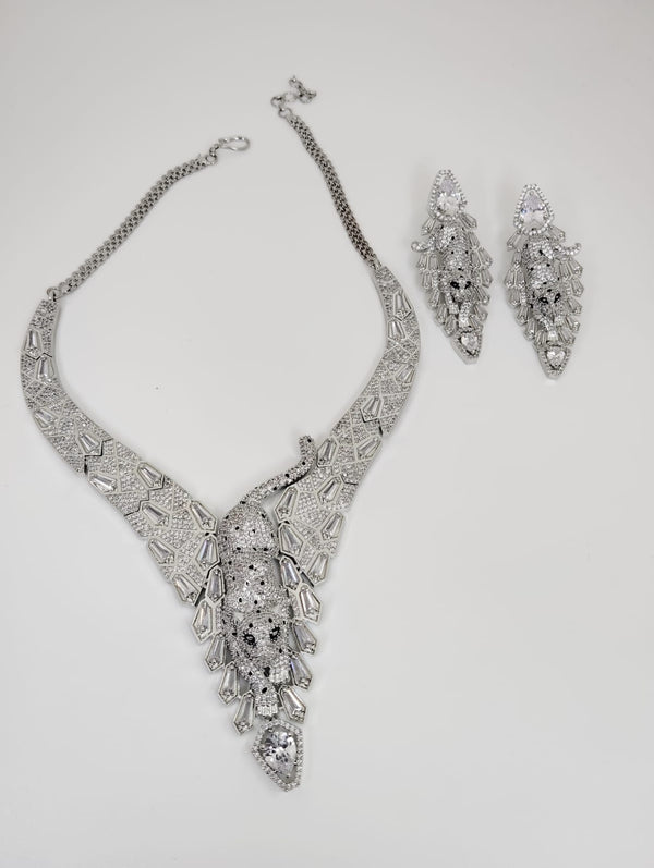 Swarovski Crystals and CZ Diamond All over Jaguar Necklace Set, White Gold Plated set
