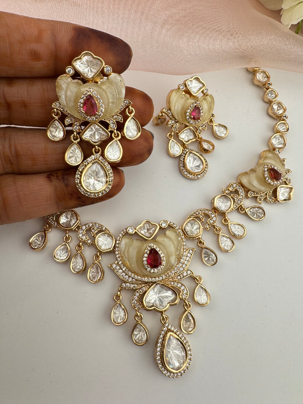 Kundan, Moissanite, MOP, CZ Flexible Gold necklace set, Indian Bridal Jewelry