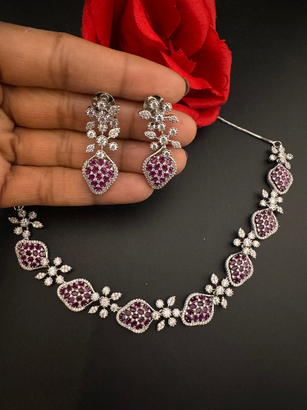 Nano Setting CZ Diamond Statement Ruby Necklace Set, White Gold Plated Choker, 3D nature inspired