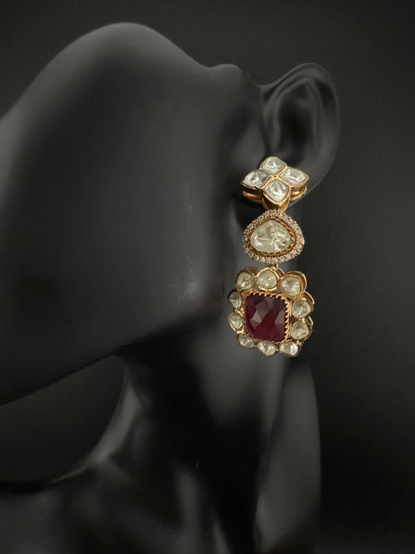 Red and Gold Kundan, Stone Chandelier Drop Earrings, Bridal, Moissanite, CZ, Designer jewelry