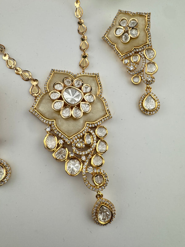 Kundan, CZ, MOP Pendant Necklace Set with Earrings, Everyday Wear Jewelry