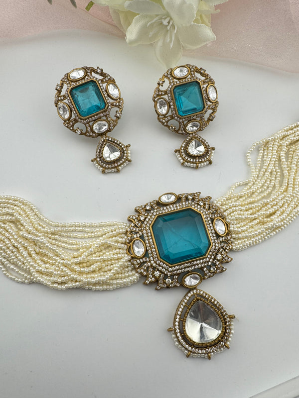 Hydro beads, CZ, Doublet Stones Choker necklace set, Indian Bridal Jewelry, chic set