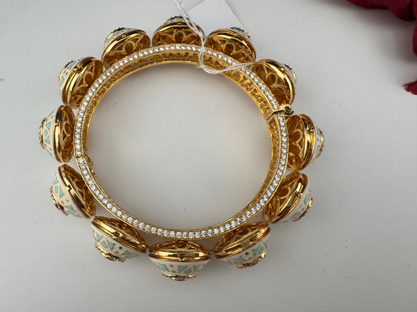 Moissanite Kundan, Enamel, CZ Rajwadi Pacheli Bracelet Bangle Kada, Gold Polish(fits 2.6" wrists)